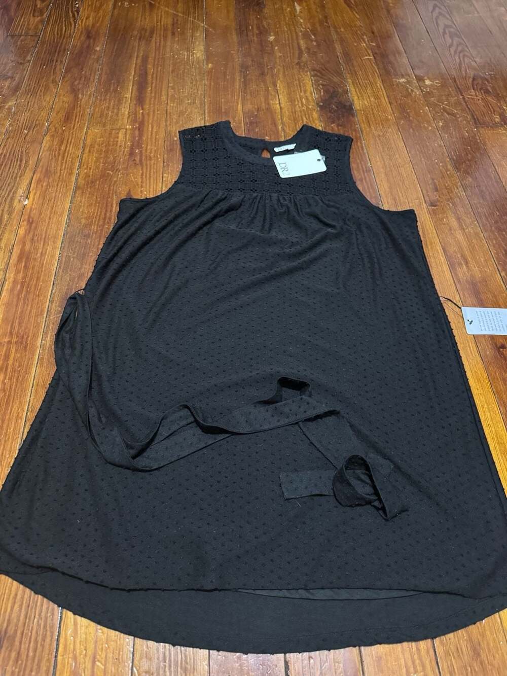 DR2 by Daniel Rainn Black Swiss Dot Sleeveless Dress with Crochet Yoke and Tie B